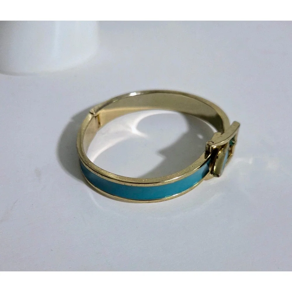 Vintage Gold Tone Retro Teal Green Enamel Belt Buckle Hinged Bangle‎ Bracelet
